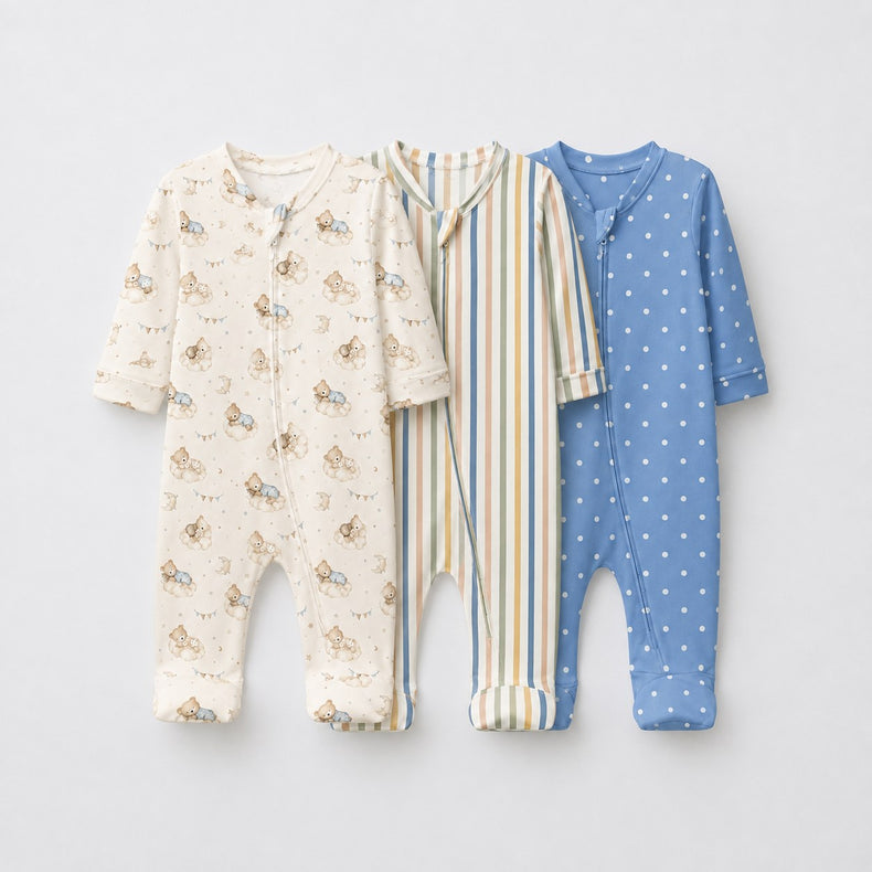 Sleeping Teddy bamboo baby sleepsuit combo — coordinating full-sleeve two-way zip romper onesies
