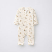 Sleeping Teddy bamboo cotton baby sleepsuit — bamboo cotton onesie romper flatlay