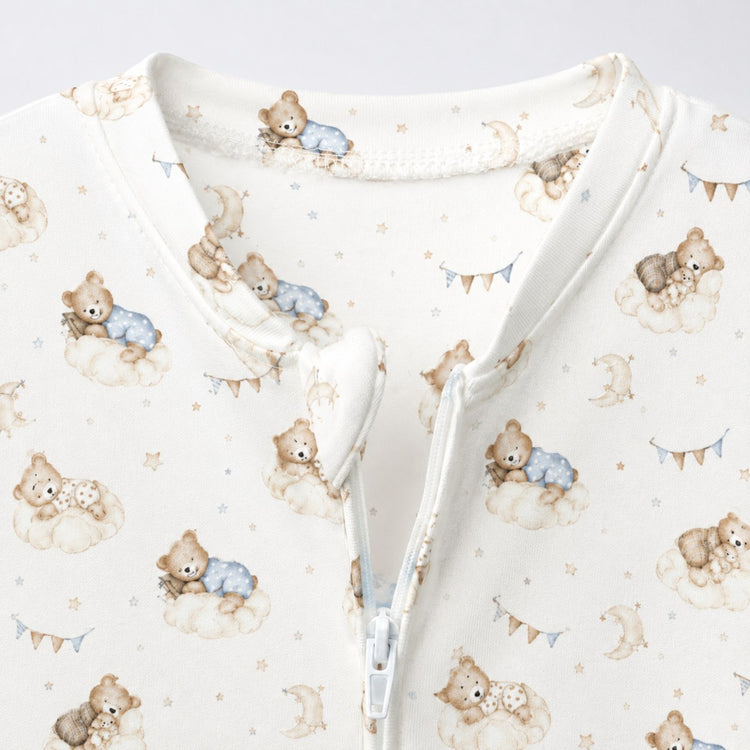 Sleeping Teddy bamboo cotton baby sleepsuit — two-way zip romper onesie