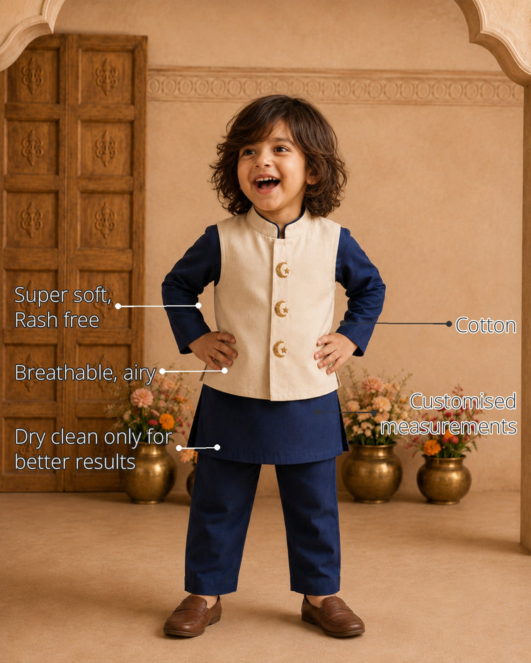 Navy Moon-Star Boys' Waistcoat Set (Cream Waistcoat) features