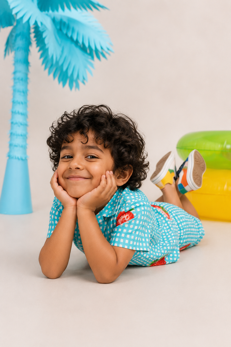 Boy wearing Anaario Strawberry Aqua Shorts