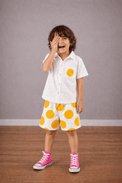 Boy wearing Anaario Sunbeam Dot Pocket Shirt Set