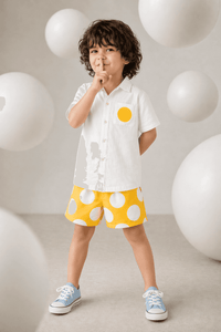 Boy wearing Anaario Sunbeam Dot Pocket Shirt Set