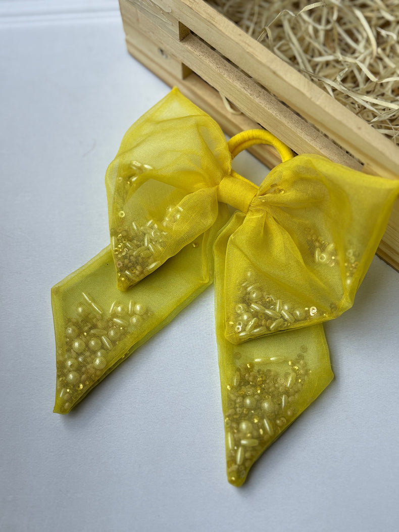 Anaario Sunshine Beaded Bow Hair Tie, yellow beaded bow hair tie for kids