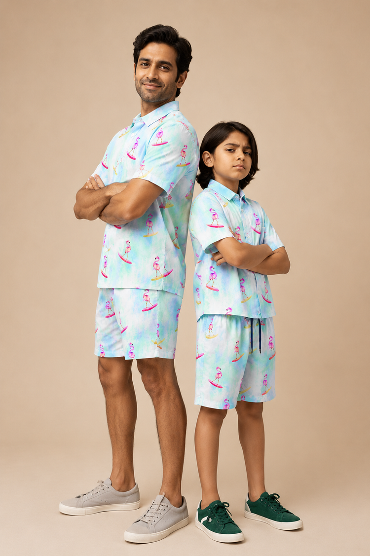 Boy wearing Anaario Surfing Flamingo Shorts