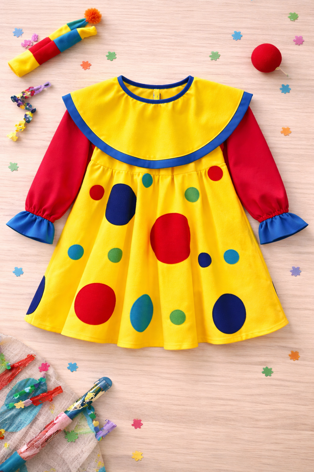 Girl wearing Anaario Sweet Girl Clown Dress, yellow polka-dot ruffle clown costume dress with clown hat