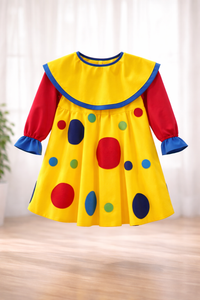 Girl wearing Anaario Sweet Girl Clown Dress, yellow polka-dot ruffle clown costume dress with clown hat