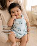 Blue Sheep Dungaree Baby Romper features