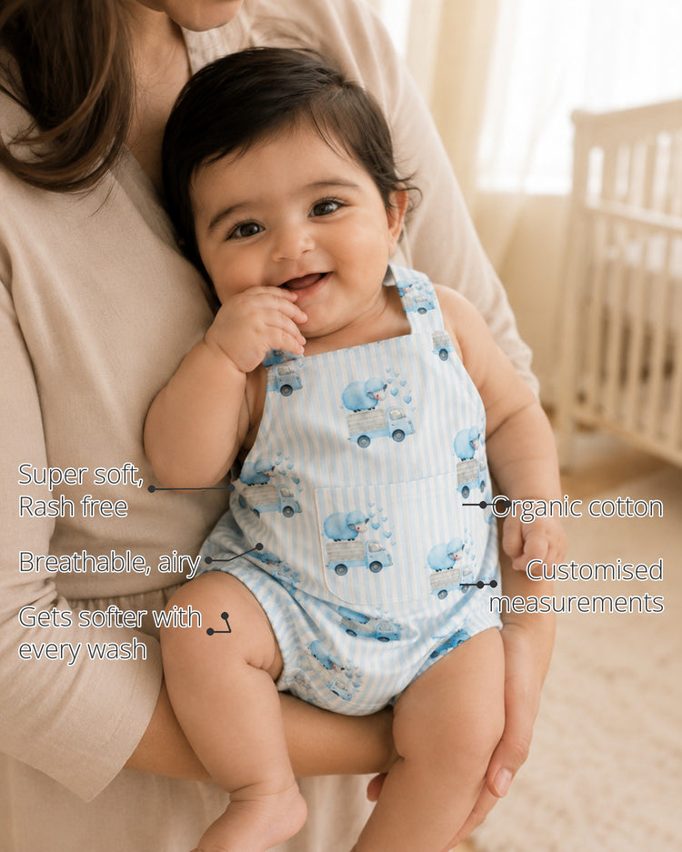 Blue Sheep Dungaree Baby Romper features
