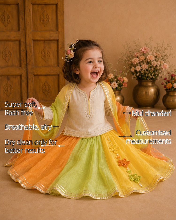 Orange Green Yellow Girls' Lehenga Set features