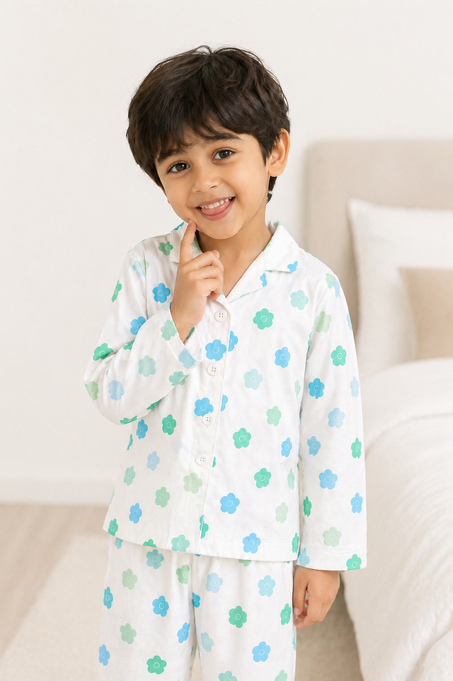 Boy wearing Anaario Teal Blossom Night Suit