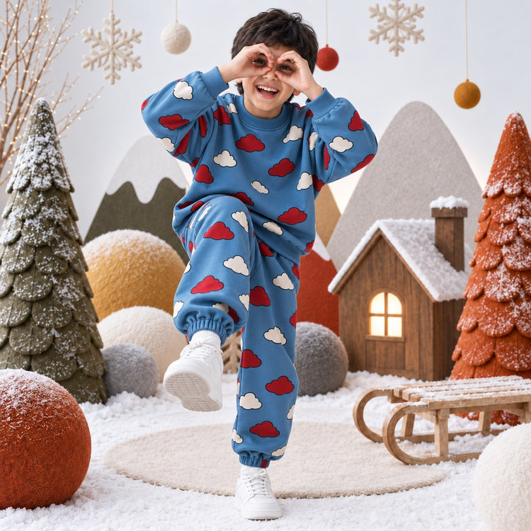 Teal Cloud Jogger Set on boy by Anaario – winter kidswear