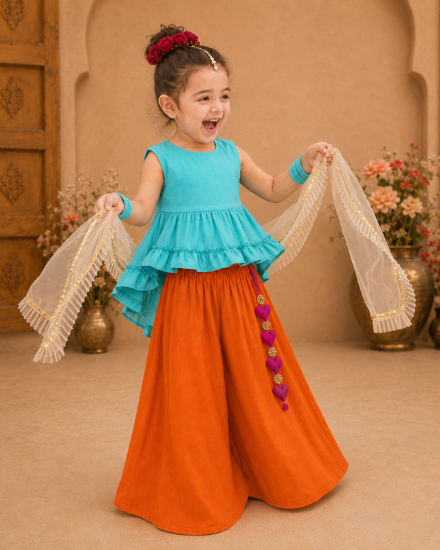 Indian Teal Orange Palazzo Set - Anaario - Image 1