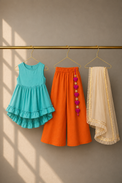 Girl wearing Anaario Teal Orange Palazzo Set