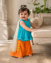 Baby wearing Anaario Teal Orange Peplum Co-ord Set, teal ruffle top with orange palazzo pants and dupatta, newborn to 24 months