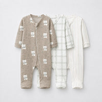 Teddy Bear bamboo baby sleepsuit combo — coordinating full-sleeve two-way zip romper onesies