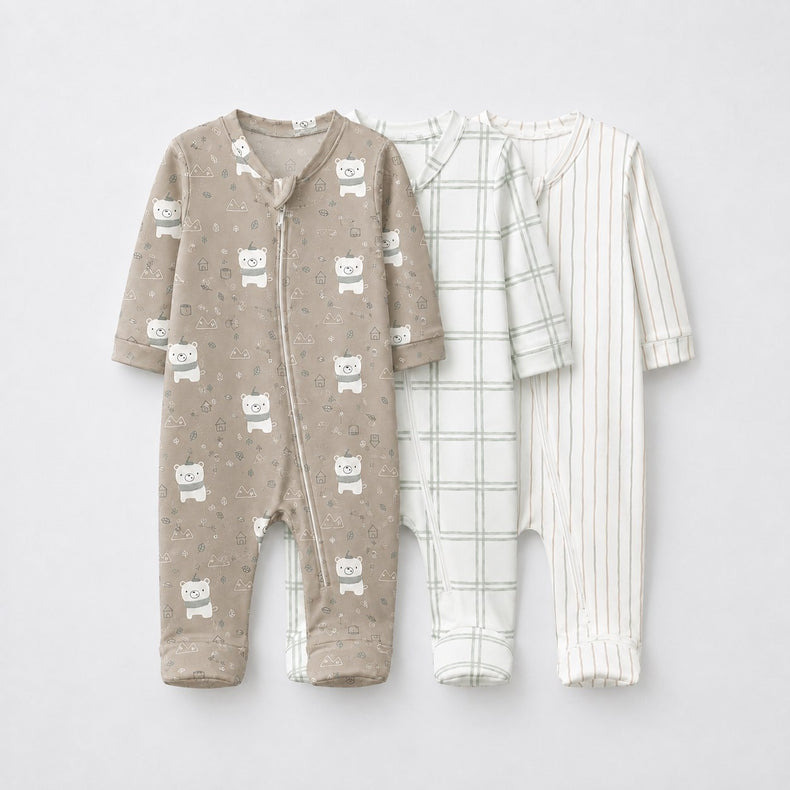 Teddy Bear bamboo baby sleepsuit combo — coordinating full-sleeve two-way zip romper onesies