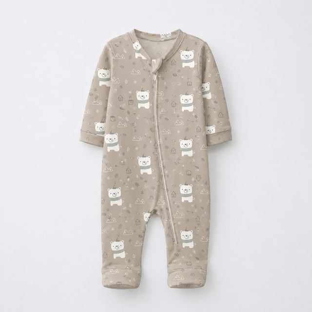 Teddy Bear bamboo cotton baby sleepsuit — two-way zip romper onesie