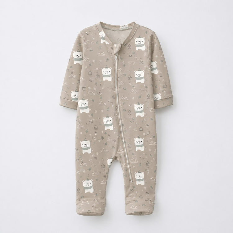 Teddy Bear bamboo cotton baby sleepsuit — two-way zip romper onesie