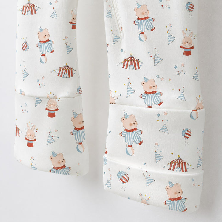 Teddy Carnival bamboo cotton baby sleepsuit — full-sleeve two-way zip romper onesie, front