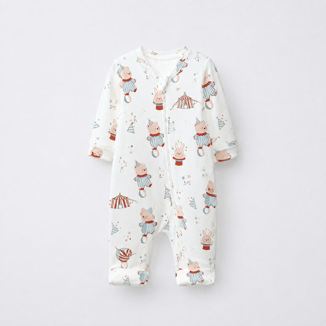 Teddy Carnival bamboo cotton baby sleepsuit — bamboo cotton onesie romper flatlay
