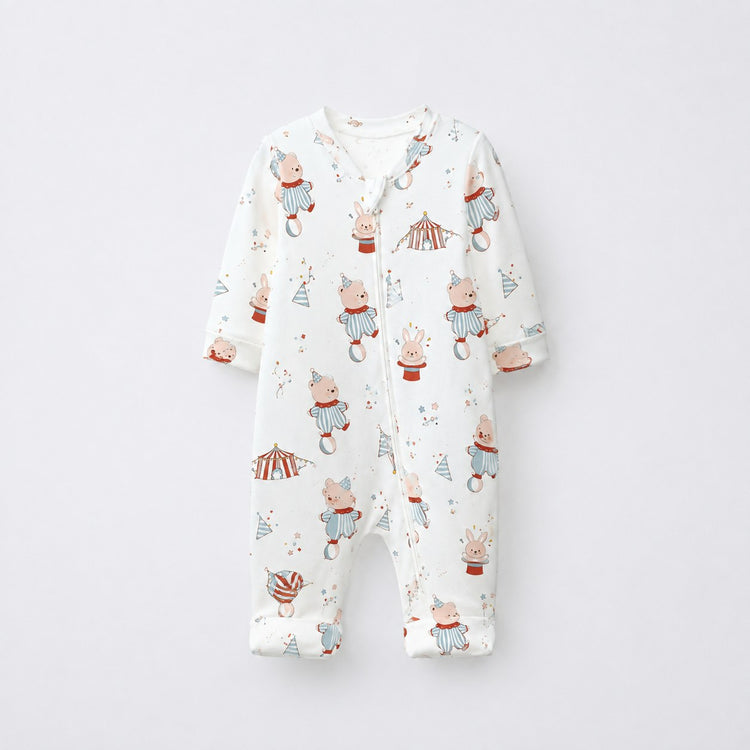 Teddy Carnival bamboo cotton baby sleepsuit — bamboo cotton onesie romper flatlay