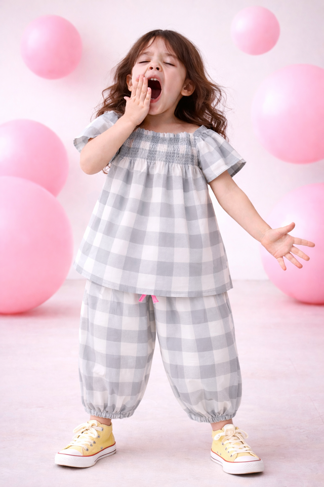 Girl wearing Anaario Cloud-Check Co-ord Set