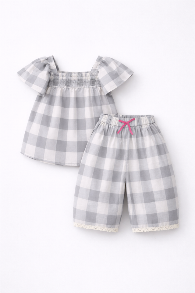Girl wearing Anaario Cloud-Check Co-ord Set