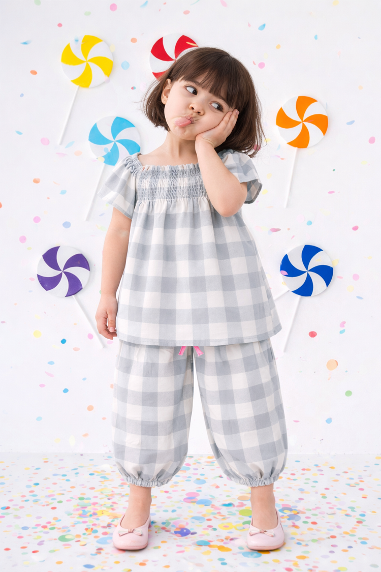 Girl wearing Anaario Cloud-Check Co-ord Set
