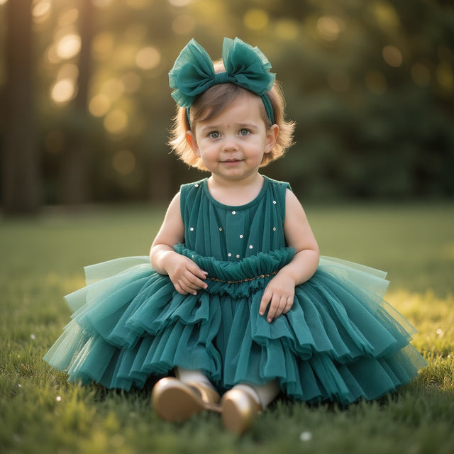 Girl wearing Anaario Emerald Tiered Tiara Dress, emerald green tiered tulle dress with beaded bodice
