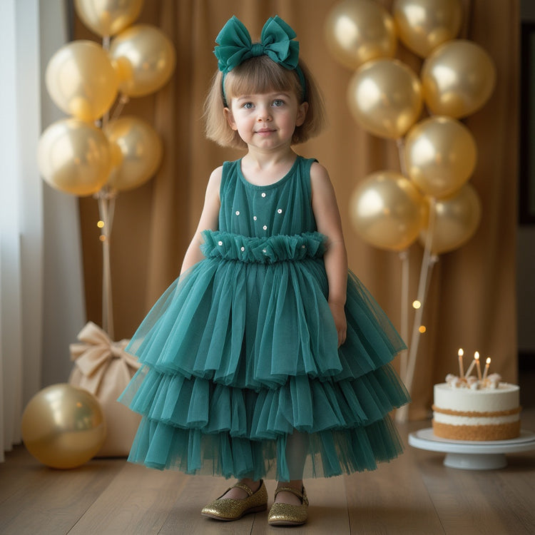 Girl wearing Anaario Emerald Tiered Tiara Dress, emerald green tiered tulle dress with beaded bodice