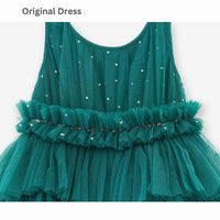 Girl wearing Anaario Emerald Tiered Tiara Dress, emerald green tiered tulle dress with beaded bodice