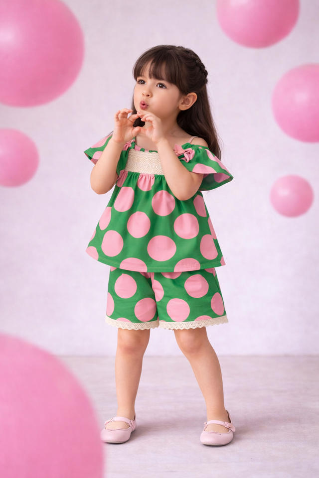 Girl wearing Anaario Garden Party Polka Shorts Set
