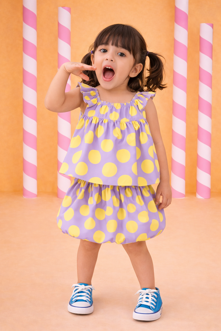 Girl wearing Anaario Lavender Lemon Skirt Set
