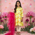 Girl wearing Anaario Marigold Meadow Anarkali Set, marigold yellow floral and bird print kurta with hot pink dupatta