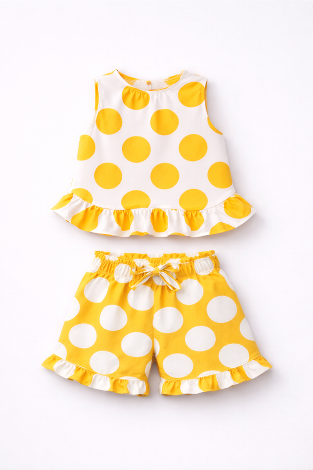 Girl wearing Anaario Marigold Polka Shorts Set