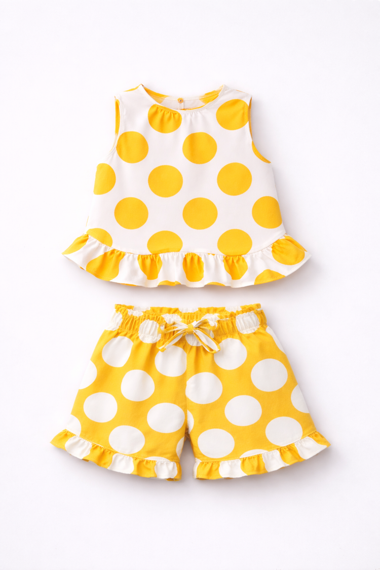 Girl wearing Anaario Marigold Polka Shorts Set