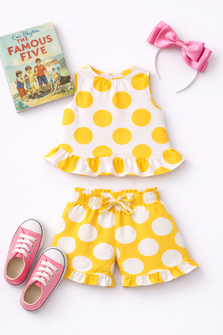Girl wearing Anaario Marigold Polka Shorts Set