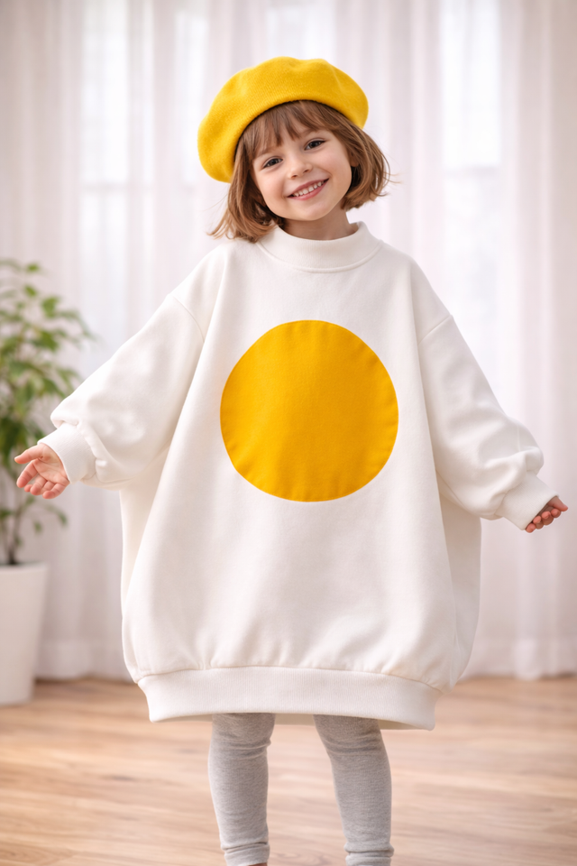 Girl wearing Anaario Sunny Side Up Oversized Pullover, cream oversized sweatshirt with yellow sun print and yellow beret