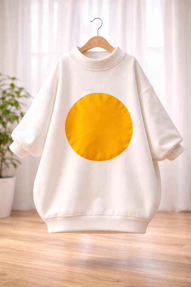 Girl wearing Anaario Sunny Side Up Oversized Pullover, cream oversized sweatshirt with yellow sun print and yellow beret