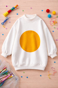 Girl wearing Anaario Sunny Side Up Oversized Pullover, cream oversized sweatshirt with yellow sun print and yellow beret