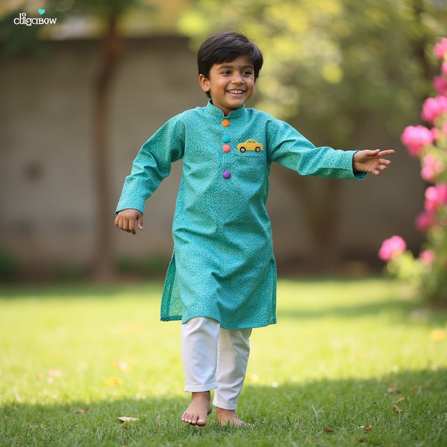 Boy wearing Anaario Turquoise Toy-Pocket Kurta Set, turquoise damask print kurta with car toy-pocket applique