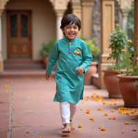 Boy wearing Anaario Turquoise Toy-Pocket Kurta Set, turquoise damask print kurta with car toy-pocket applique