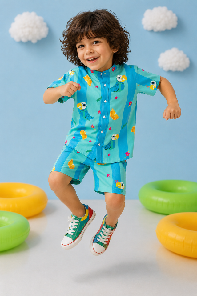 Boy wearing Anaario Toucan Tropic Shorts