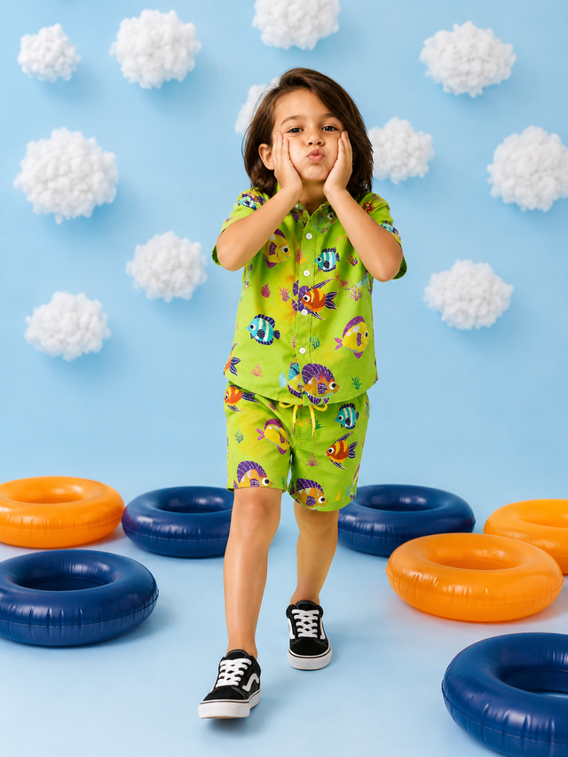 Boy wearing Anaario Tropical Fish Shorts