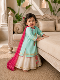Turquoise long kurta and cream lehenga skirt set with pink polka-dot dupatta for baby girl