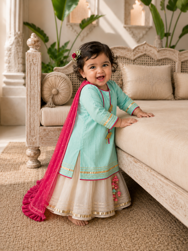 Turquoise long kurta and cream lehenga skirt set with pink polka-dot dupatta for baby girl