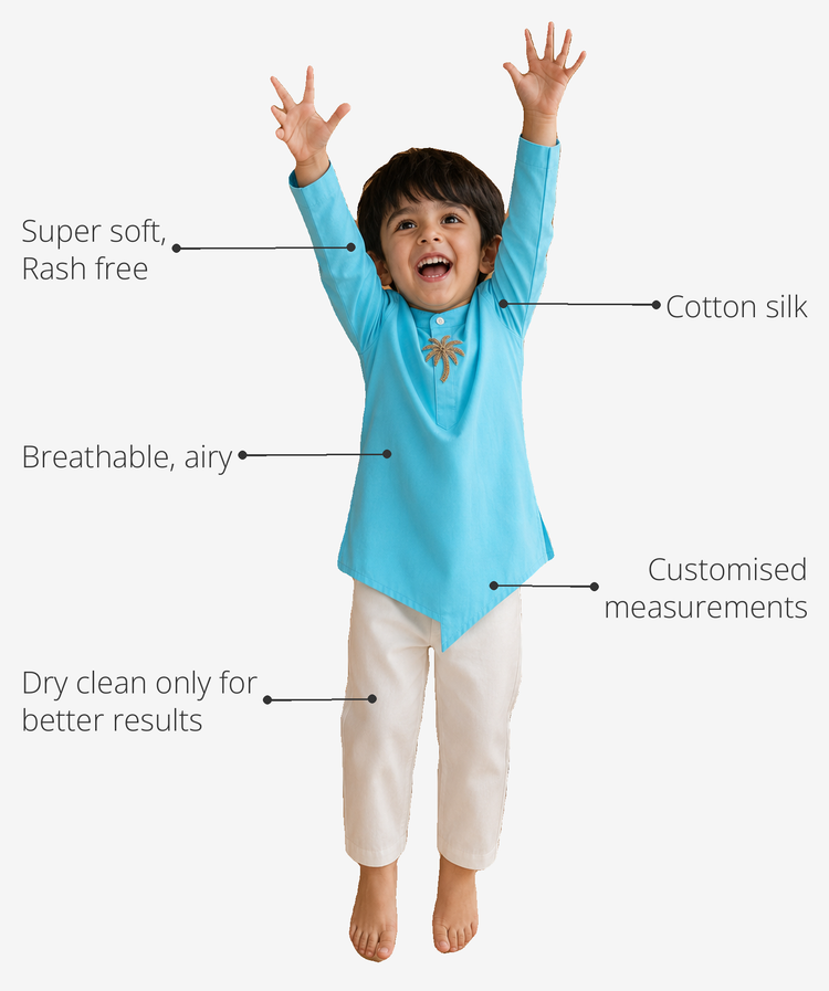 Anaario Turquoise Palm-Motif Asymmetrical Boys' Kurta key features