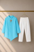 Turquoise palm-motif asymmetrical kurta - flat lay with pants