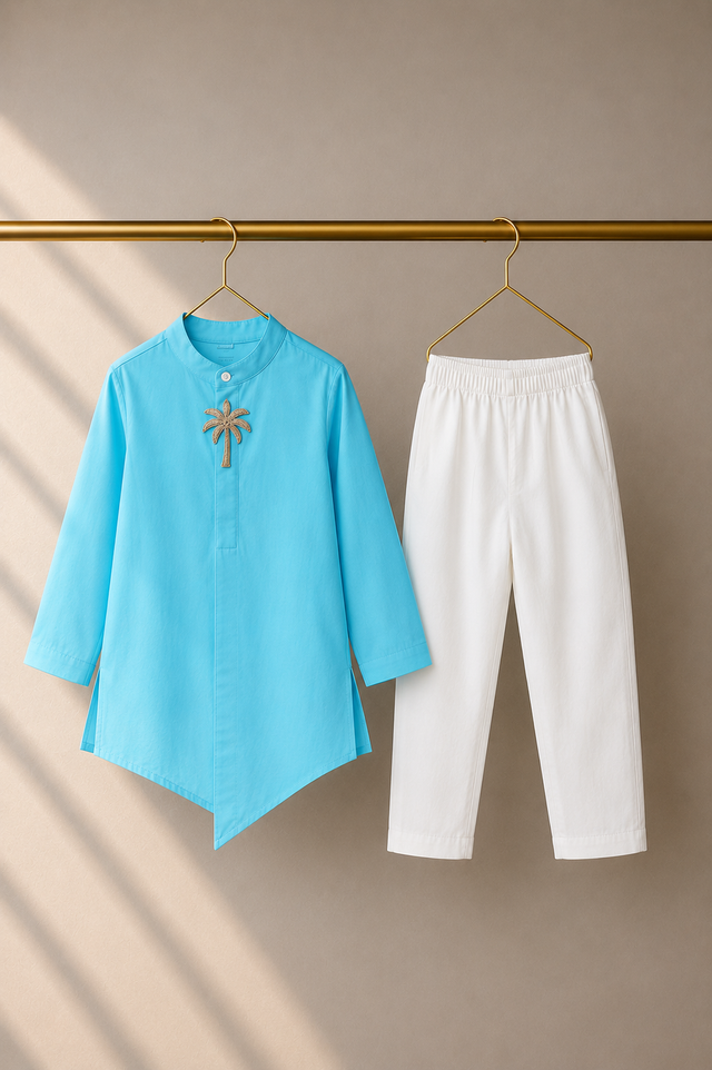 Turquoise palm-motif asymmetrical kurta - flat lay with pants